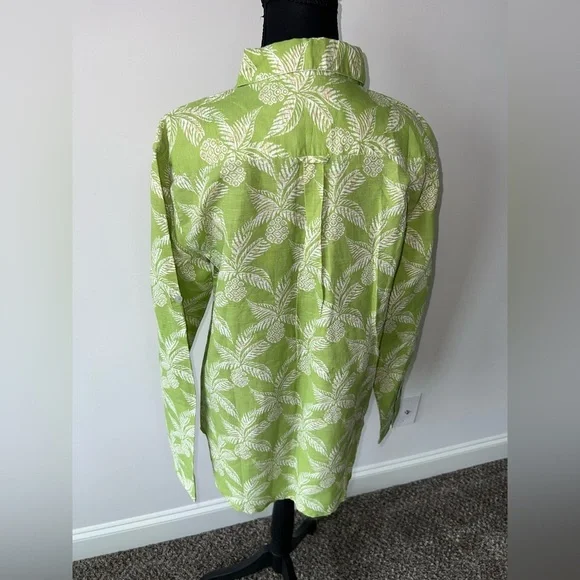 Tizzie Bright Green Pineapple Linen Popover Blouse Top Size L - Picture 2 of 9